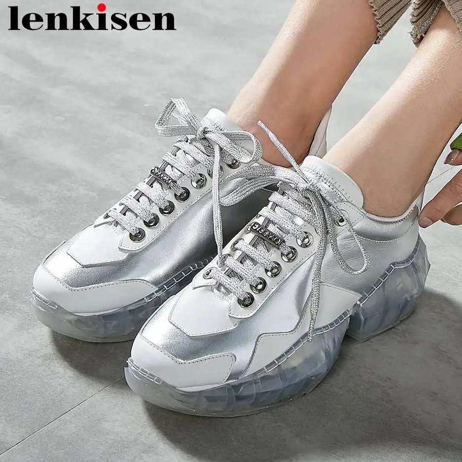 

Lenkisen handsome girls full grain leather lace up sneakers cowboy European design thick bottom platform vulcanized shoes L00