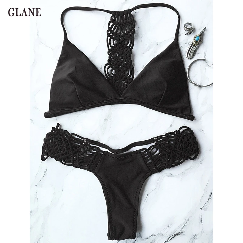 

Sexy Women Black Color Halter Bandage Bikinis set Swimwear Bandage Bikini Set Push-up Padded Bra Bathing Suit Swimsuit
