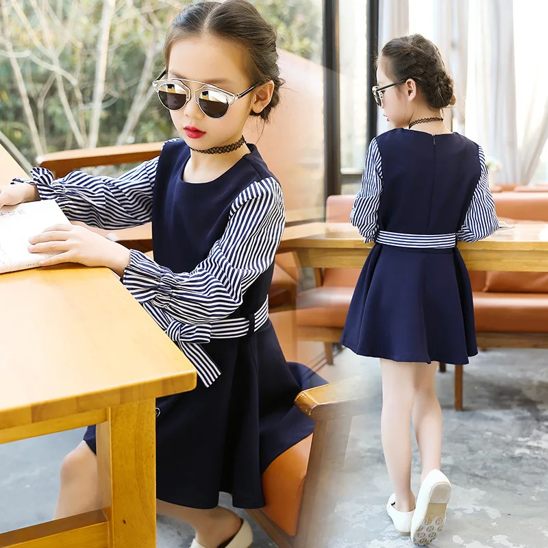Детское платье в полоску с длинным рукавом на возраст 8-14 лет | Детская одежда и