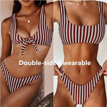 

Swimwear Bikinis Women Two Pieces Swimsuit Stripe Special Cloth Knotted Double-sided Wearable Sexy Bikini A2269YPD