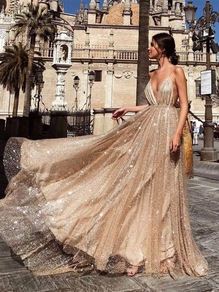 

ModestSparkling Party Graduacion A Line Spaghetti Straps Deep V Neck Backless Sequin Gold Long Prom Dress