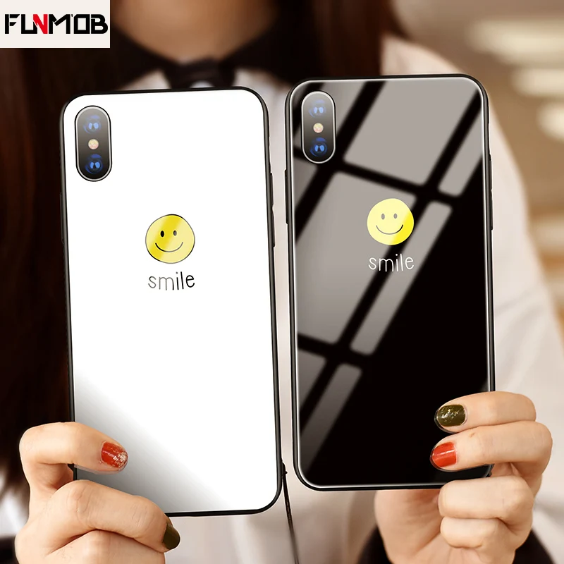 

Luxury Tempered Glass Phone Case For iPhone 6 6s 7 8 Plus Cute Smile Patterned Couple Silicone Case For iPhone X XR XS Max Coque