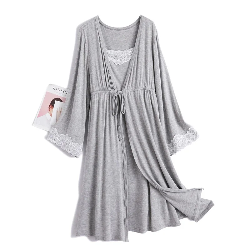 Одежда для беременных из 2 предметов, одежда для сна, Повседневная Свободная кружевная ночная рубашка для беременных, одежда для сна, платье больших размеров - Цвет: Gray