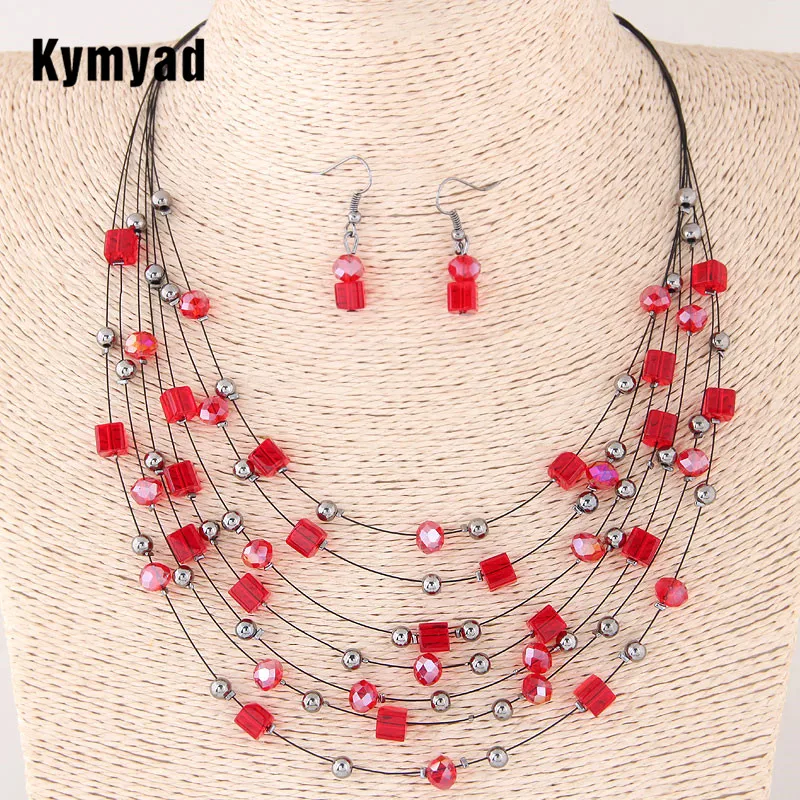 Kymyad турецкий винтажный ювелирный набор, богемный кристалл, многослойный Африканский бисер, камень, ювелирный набор, массивное ожерелье, серьги, набор