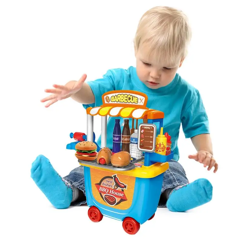 

Play House Small Supermarket Toy Trolley Car Barrel BBQ Trolley Birthday Christmas Gift for Boys Girls Kids Children