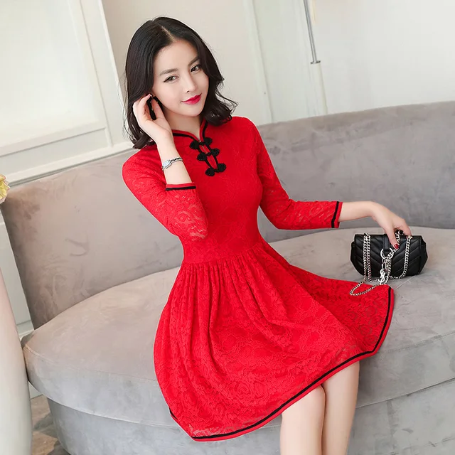 Women Elegant Dresses Lady Turtleneck Frocks Girl Lace Dresses Chinese ...