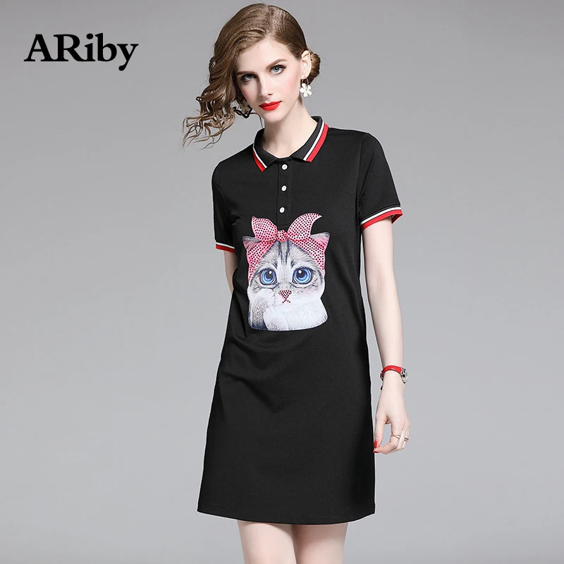 Women Dress Black Turn-down Collar Dress 2019 New Summer Casual Bow Cat Cartoon Printed Short Sleeve T-shirt mini Dresses Girl