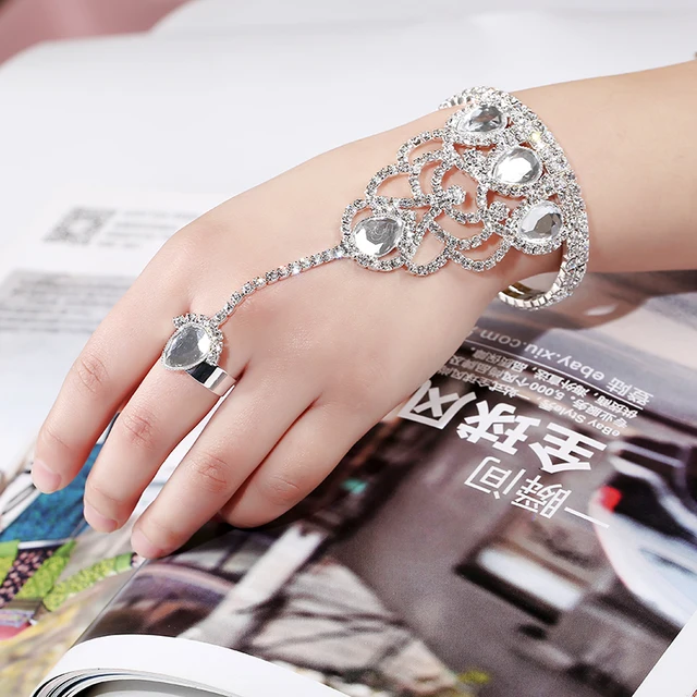 Trendy Crystal Chain Rings Bracelet Bangles With Ring For Party Trendy Crystal Chain Rings Bracelet Bangles With Ring For Party Wedding Jewelry Accessory Women Fashion