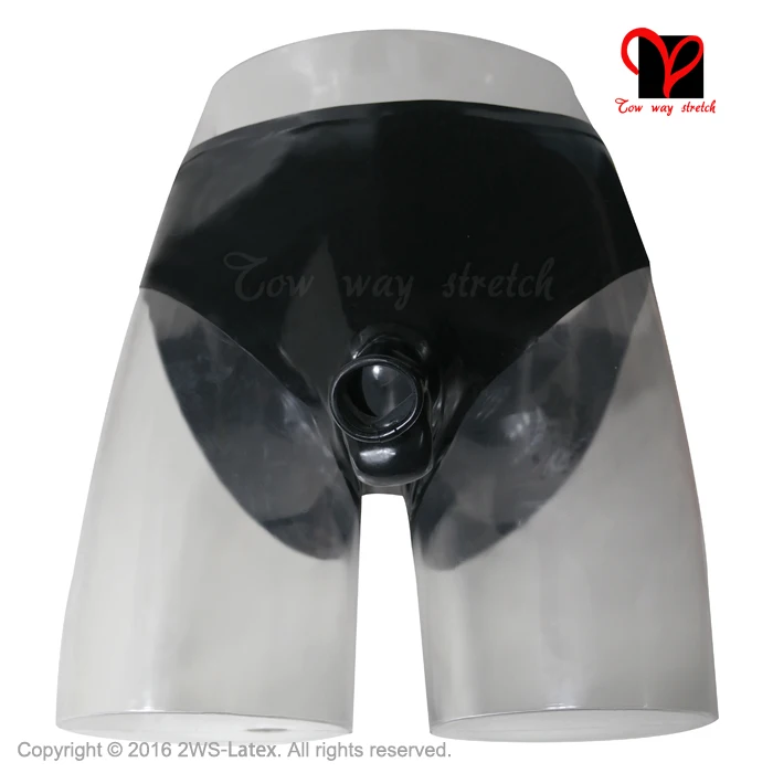 Black Sexy Latex underwear with mould penis sheath open front Rubber pants with condom Shorts KZ-043
