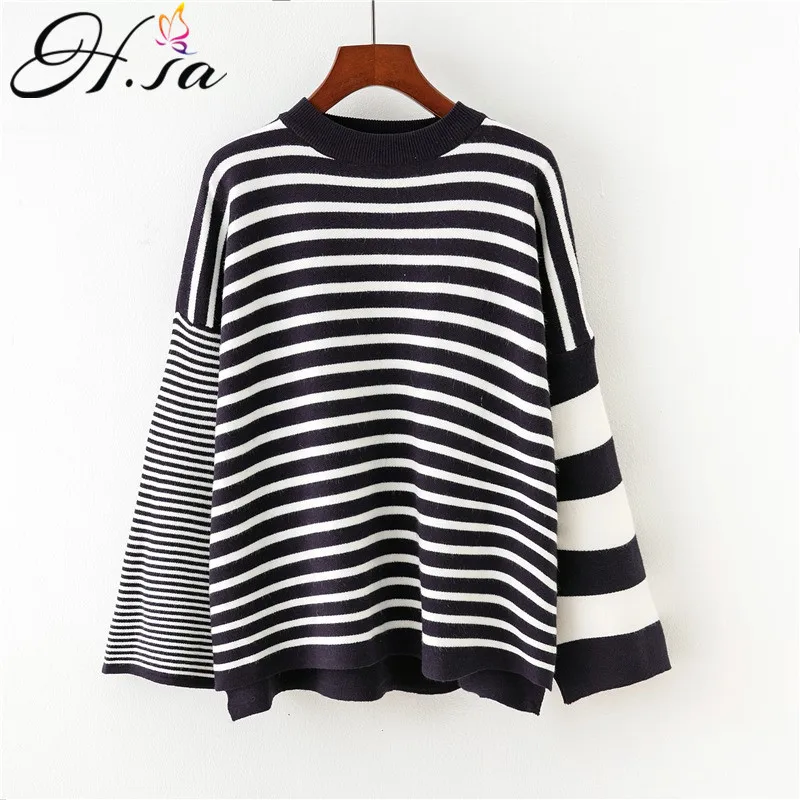 

H.SA Women Casual Pullovers and Sweaters Striped Oversize Jumpers Harajuku Knitted Pull Femme Flare Sleeve Pull Sweater Outwear