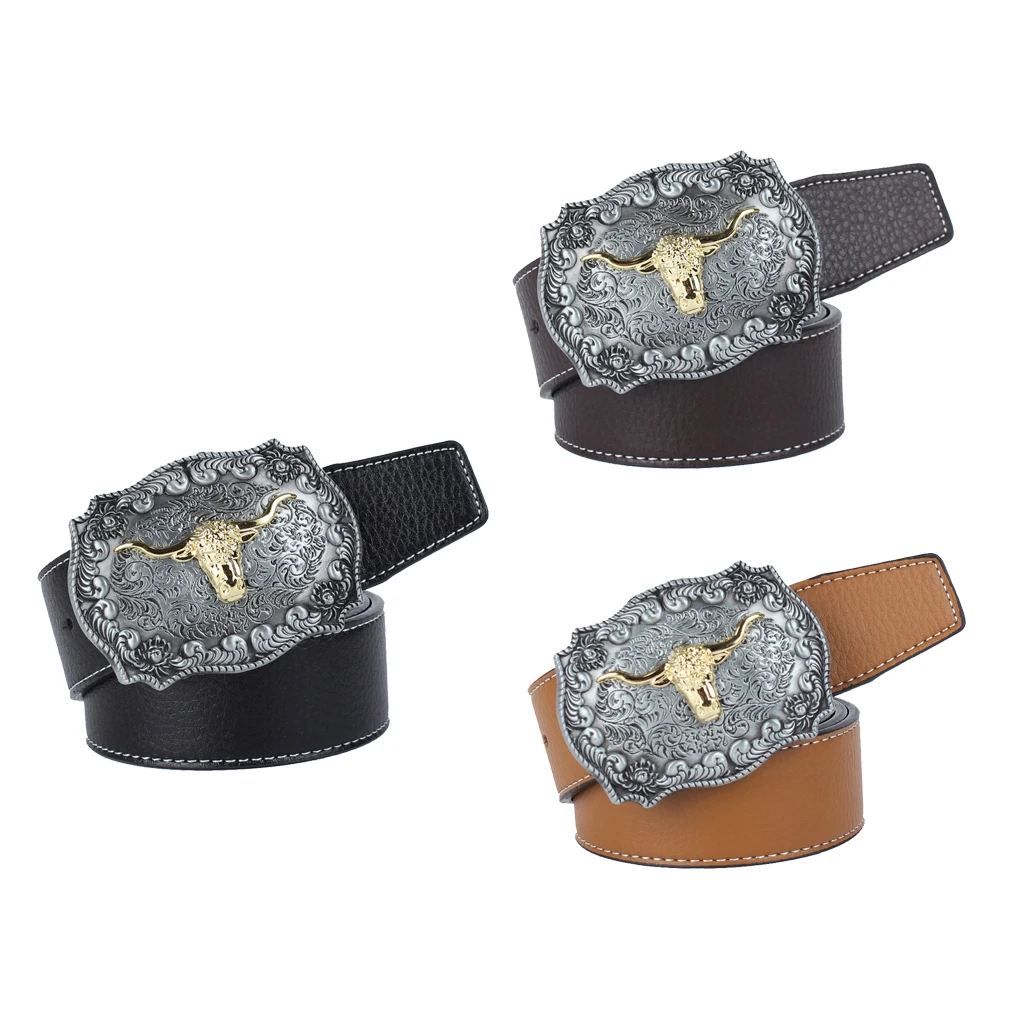 

Womens Mens Vintage Western Cowboy Leather Belt Waistband Arabesque Cow Head Buckle Adjustable Leather Belt