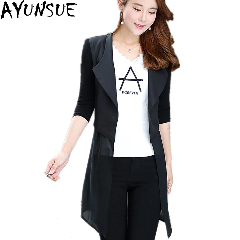 

AYUNSUE 2018 Spring And Summer Thin Women Blazers And Jackets Chiffon Patchwork Windbreaker Swallowtail Blazer Feminino CJ021