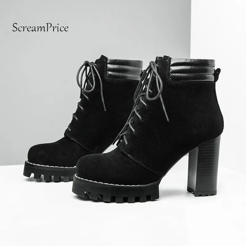 

Winter Platform Square High Heel Woman Genuine Leather Ankle Boots Fashion Lace Up Dress Shoes Woman Black