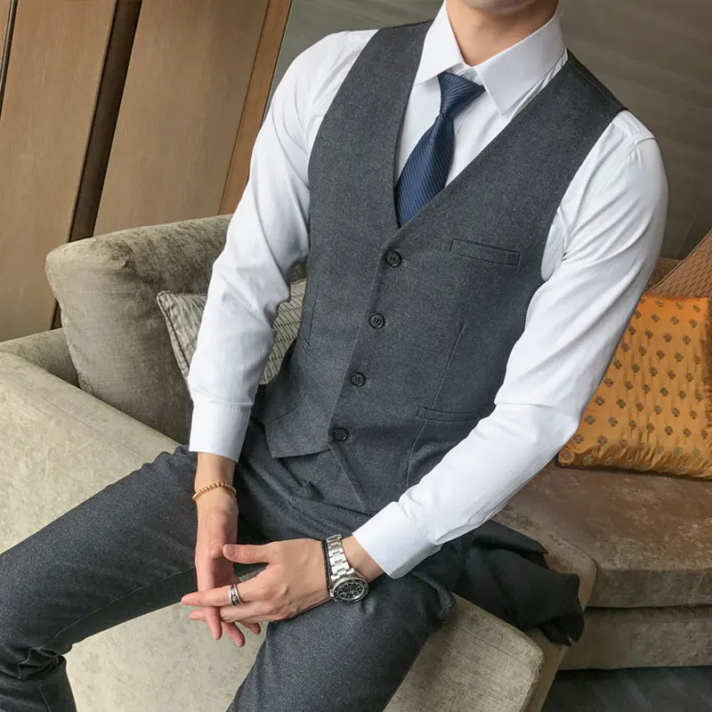 Jacket + Vest + Pants / 2018 New Mens Boutique Solid Color Fashion Formal Business Suits 3 Piece Sets / Groom Wedding Dress Suit