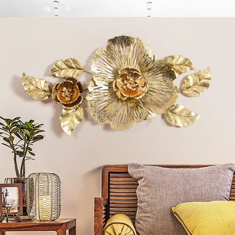 

European Modern Luxury Wrought Iron 3D Stereo Wall Hanging Peony Flowers Crafts Decoration Creative Home Wall Mural Ornament Art