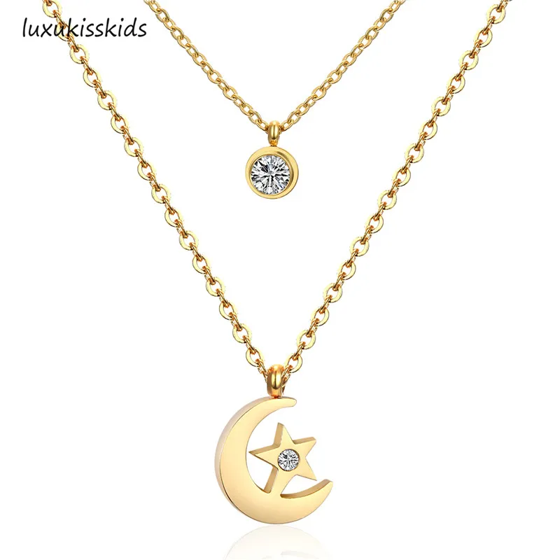Роскошное женское ювелирное ожерелье, Лунная звезда, золото/серебро, подвеска на цепочке, двойное ожерелье с кристаллом, колье, ожерелье, набор s