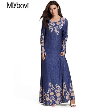 

Mlybovi Blue Long Dress Elegant Floral Embroidery Muslim Dresses Round Neck Long Sleeve Swing Arabian Clothes Autumn 2019 New