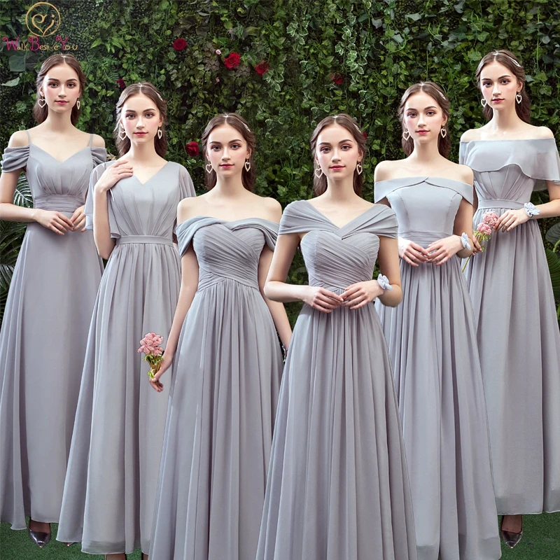 

Gray Simple Bridesmaid Dresses 2019 Chiffon Short Sleeve Kinds of Style Floor Length Elegant Robe Femme Formal Gowns In Wedding