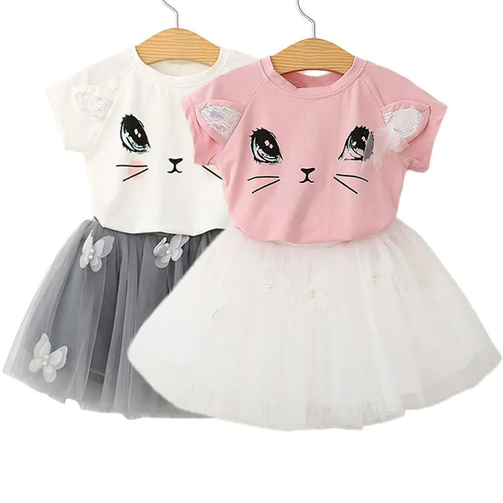 Kids Baby Girls Outfits Cat Print T shirt Tops Tutu Skirt 2Pcs Set Clothes Short sleeve