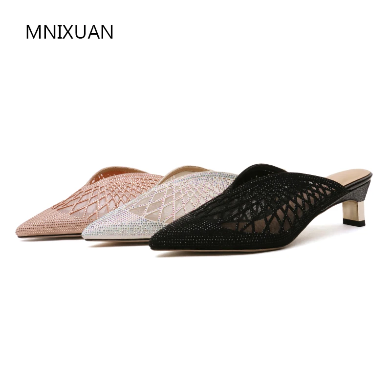 

MNIXUAN Handmade summer luxury women pump shoes high heels 2019 sexy pointed toe slippers mesh rivets party sandals shoes black