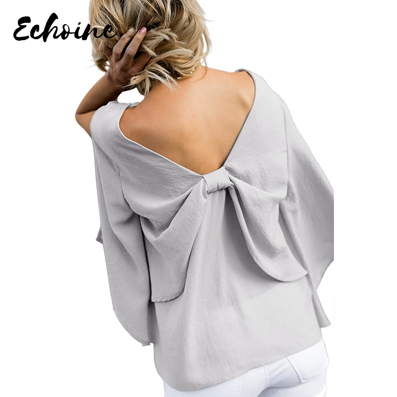 

Echoine Gray/Black V-Neck Bowknot Three-Quarter Ruffle Sleeve Blouse Women Summer Formal Office Plus Size 2XL Blouse Tops