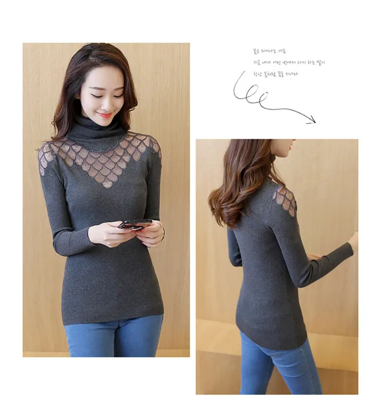 2019 Women Sweater Pullovers Soft Lace Knitted Sweater Ladies Jumper Diamond Pattern Long Sleeve Turtleneck Pullovers Femme Hiver (4)