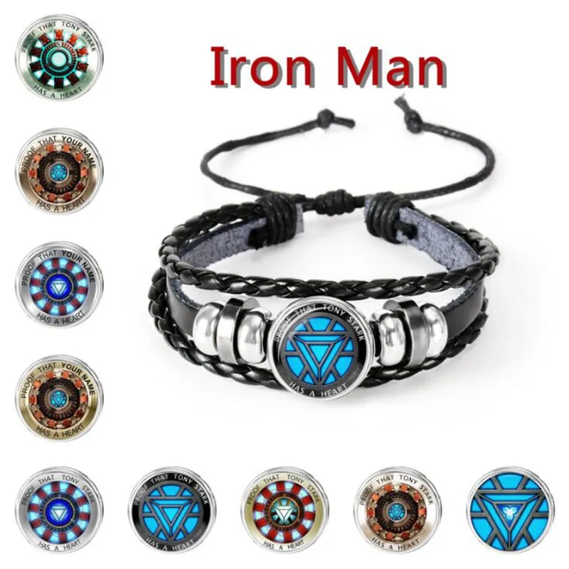 Marvel Iron Man Tony Stark Leather Bracelet The Avengers Iron Man Arc Reactor 3D Printed Glass Gem Charm Bracelet Bangles