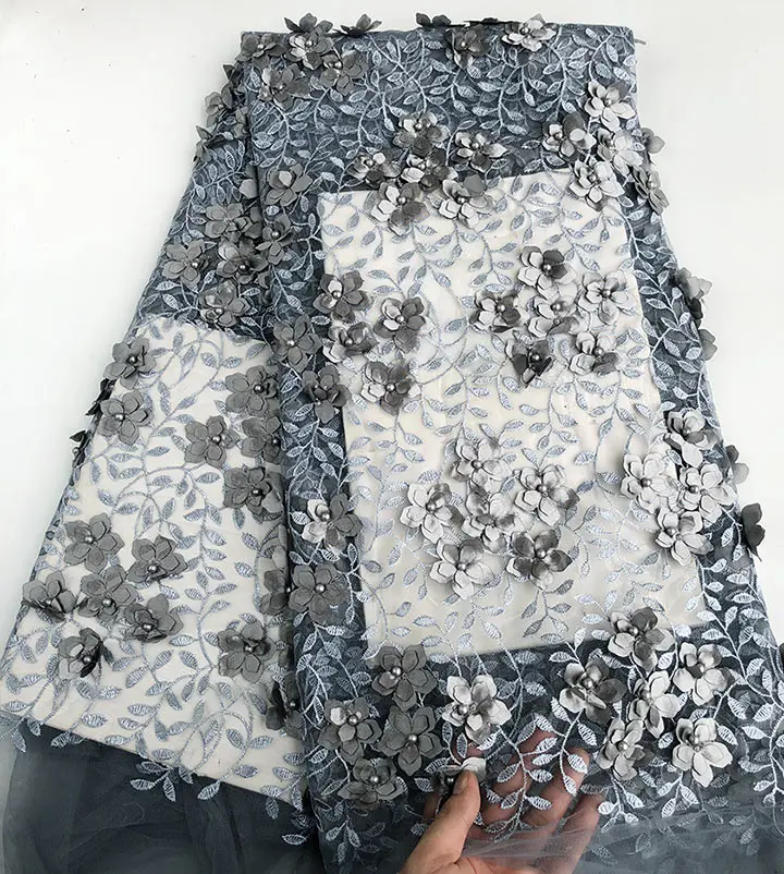 5 ярдов простой небесно-голубой цветочный Африканский французский кружевной тюль ткань с бисером аппликации нигерийский Национальный вечернее платье ткань - Цвет: grey