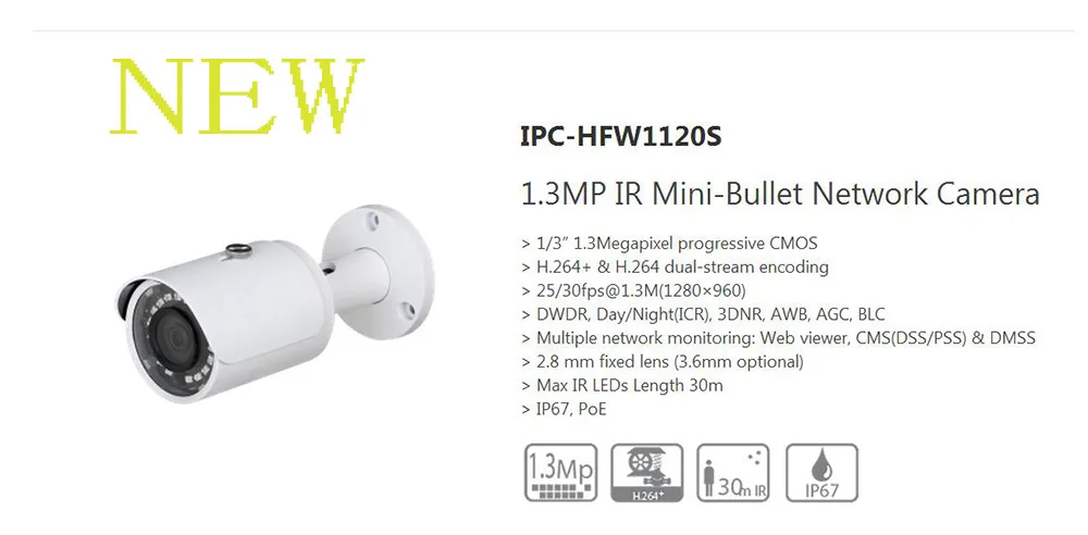 

Free Shipping DAHUA 1.3MP Small Fixed IR Bullet IP Camera IP67 with POE Original English Version without Logo IPC-HFW1120S