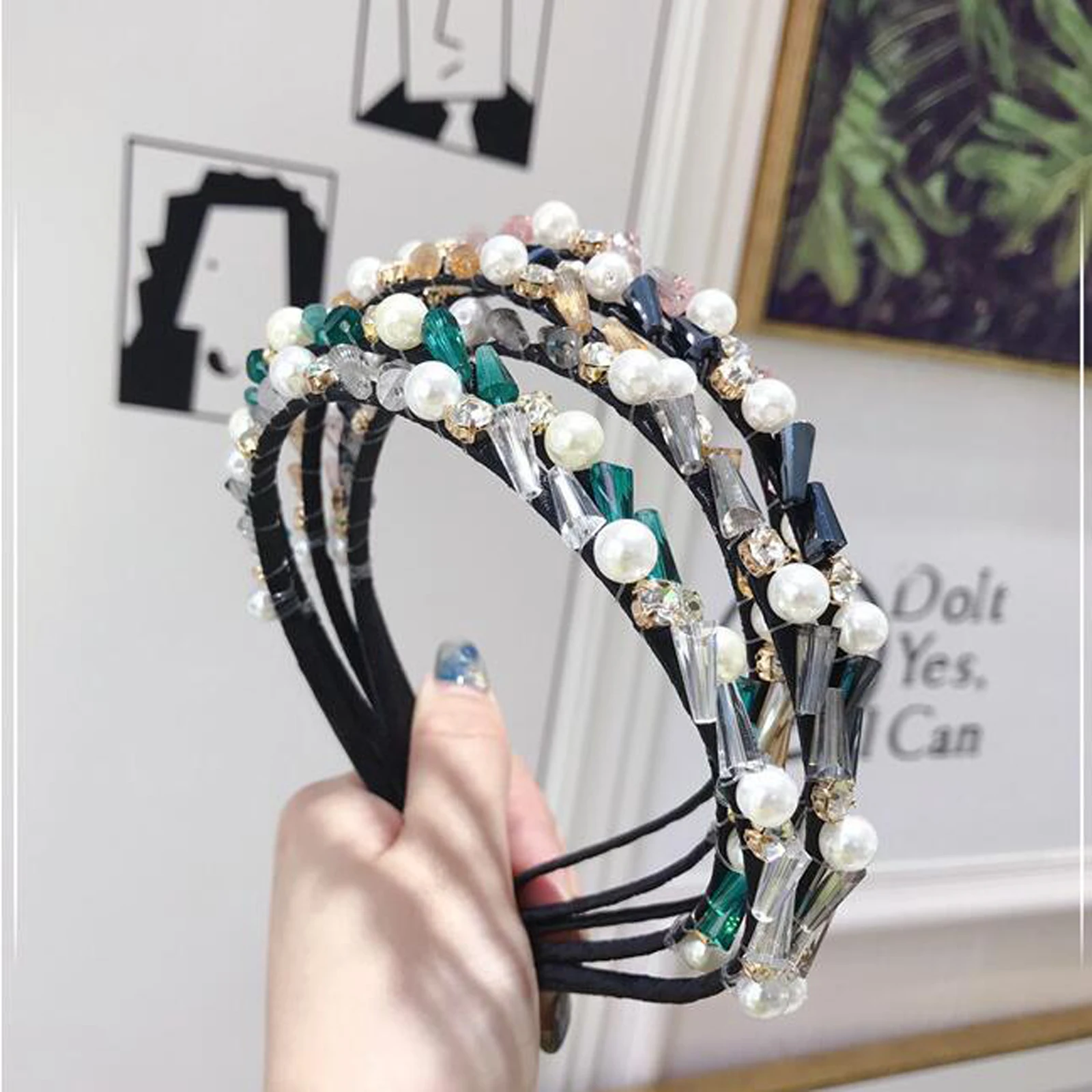 

Fashion Fresh Style Hairband Women Summer Hair Accessories Girls Pearls Shiny Rhinestone Headdress Adult All-match Clothing