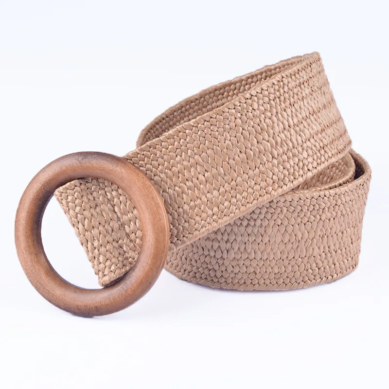 

Helisopus Round Wooden Buckle Belt for Women Fashion All-match Braided Wide Strap Belts Elastic PP Straw Belts