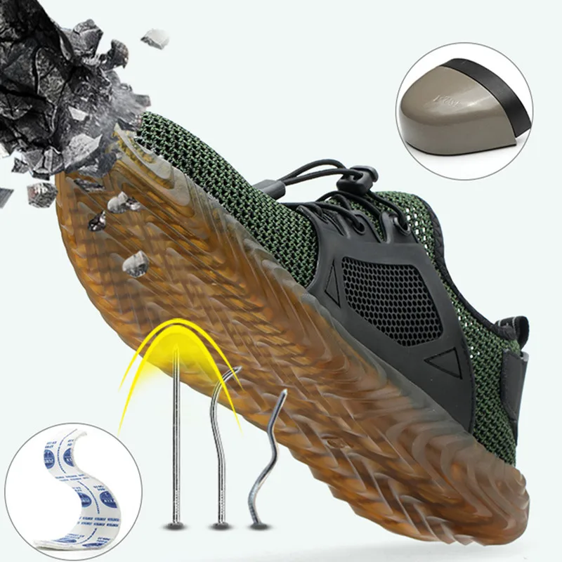 MARSON Men Breathable Mesh Safety Shoes Men's Light Sneaker Indestructible Steel Toe Soft Anti-piercing Work Boots Plus size