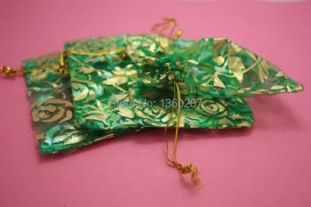 

100pcs/lot 20x30cm green gold roses colour Organza Bags Jewelry Packing Gift Pouches Wedding Voile Bag
