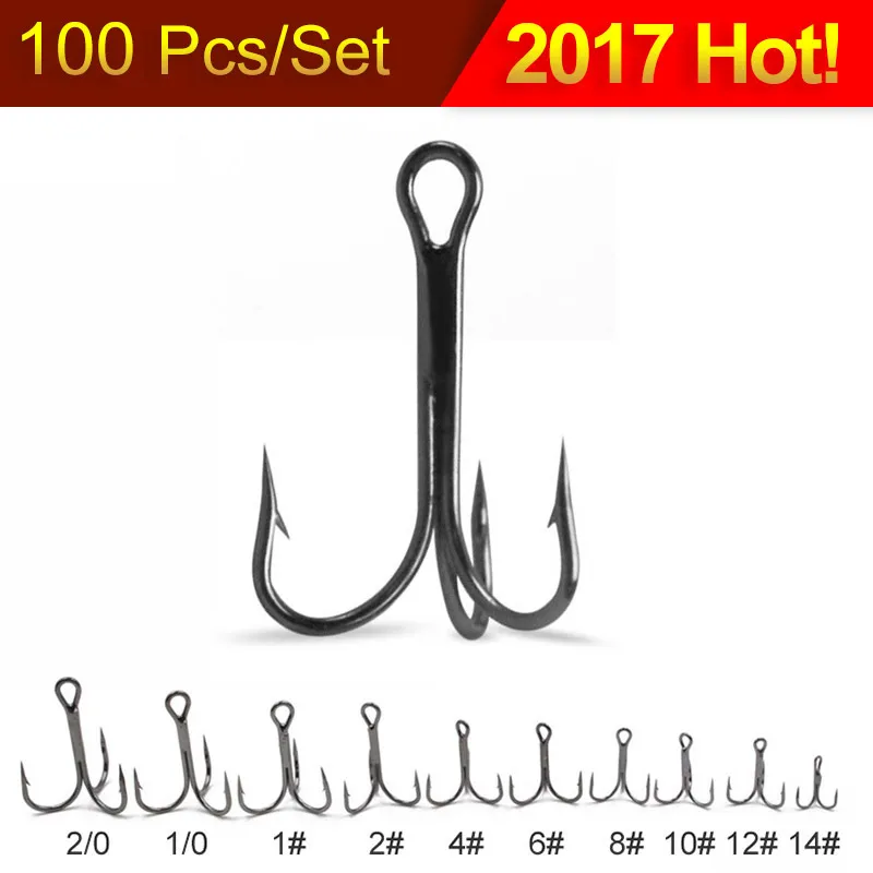 100 pcs/set Treble Fishing Hooks Steel Round Bent Triple Carp Jig Hooks