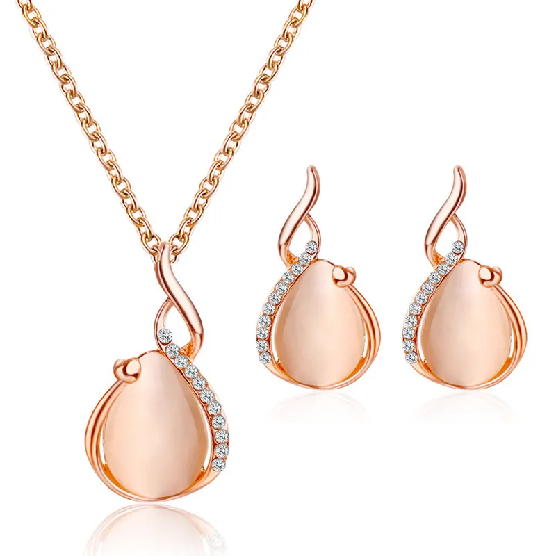 

New Fashion Rose Gold Cubic Zirconia Necklace Earrings Set For Women Jewelry Choker Necklaces Women Crystal Eardrop Female Gifts
