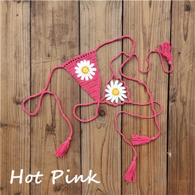 Кружевные стринги ручной вязки с аппликацией маргаритки, мини-бикини, купальники, бикини для загара - Цвет: Hot Pink