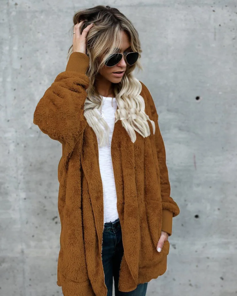 [Lakysilk] зимний теплый с капюшоном женский кардиган свободный рукав летучая мышь Повседневный толстый свитер для женщин модный однотонный размера плюс женское пальто - Цвет: Naturals