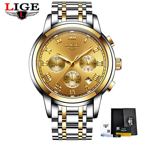Роскошный бренд новые часы мужские LIGE с хронографом мужские спортивные часы водонепроницаемые полностью Стальные кварцевые мужские часы Relogio Masculino - Цвет: All Gold