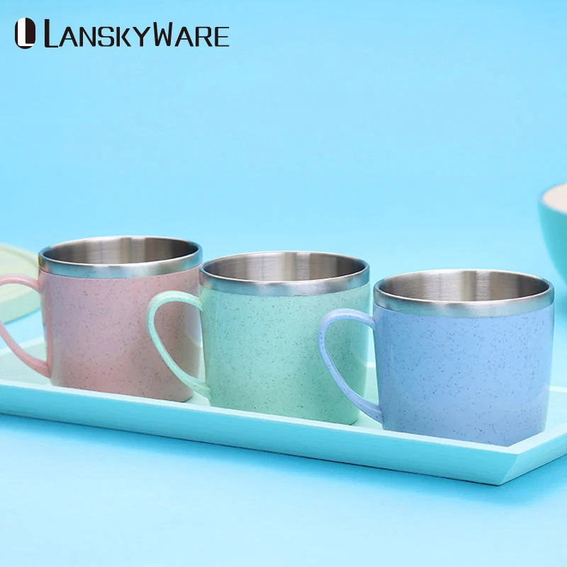 LANSKYWARE Creative Mini Kids Mug 304 Stainless Steel Coffee Mug Tea Cup For Children Drinkware Wheat Straw Water Cup Tea Mug