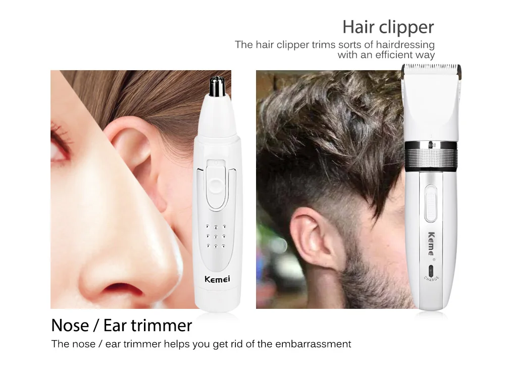

Kemei KM - 2172 2 in 1 Electric Hair Clipper Nose Ear Trimme with 2 in 1 function, featuring on shave hairs and trim nose / ear