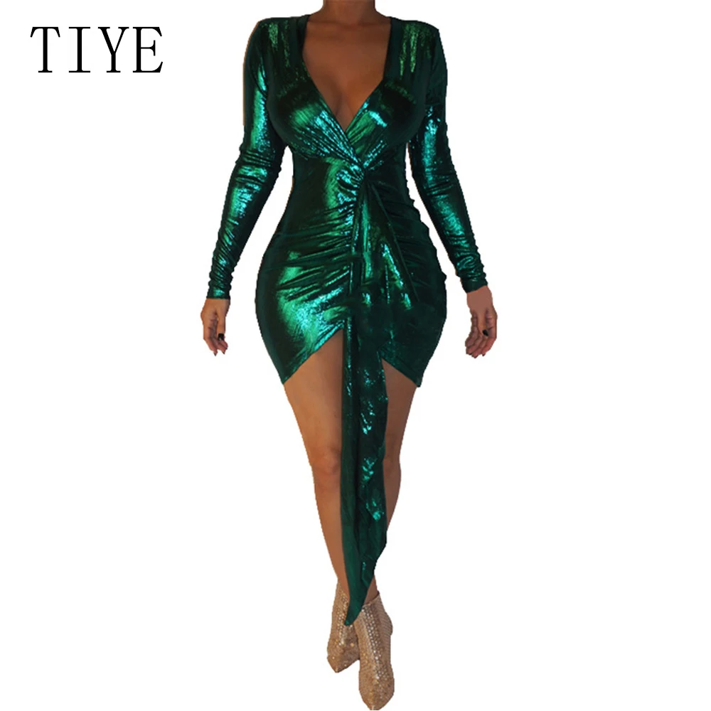 

TIYE Autumn Women Sexy Deep V-neck Slim Dress Lady Fashion Long Sleeve Mini Retro Pleated Dress Elegant Party Femme Clothing