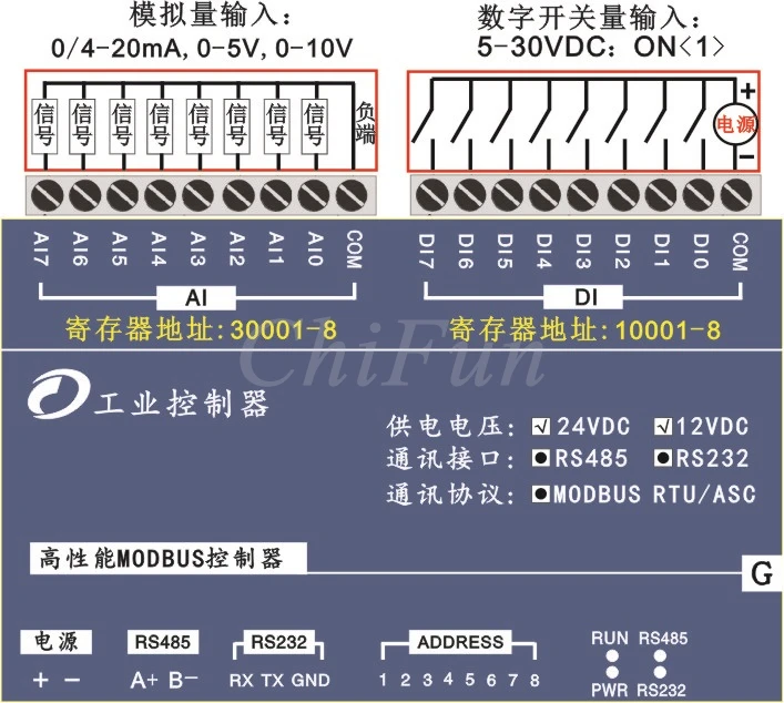 8AI 8DI analog input channel switch acquisition industrial Modbus RTU