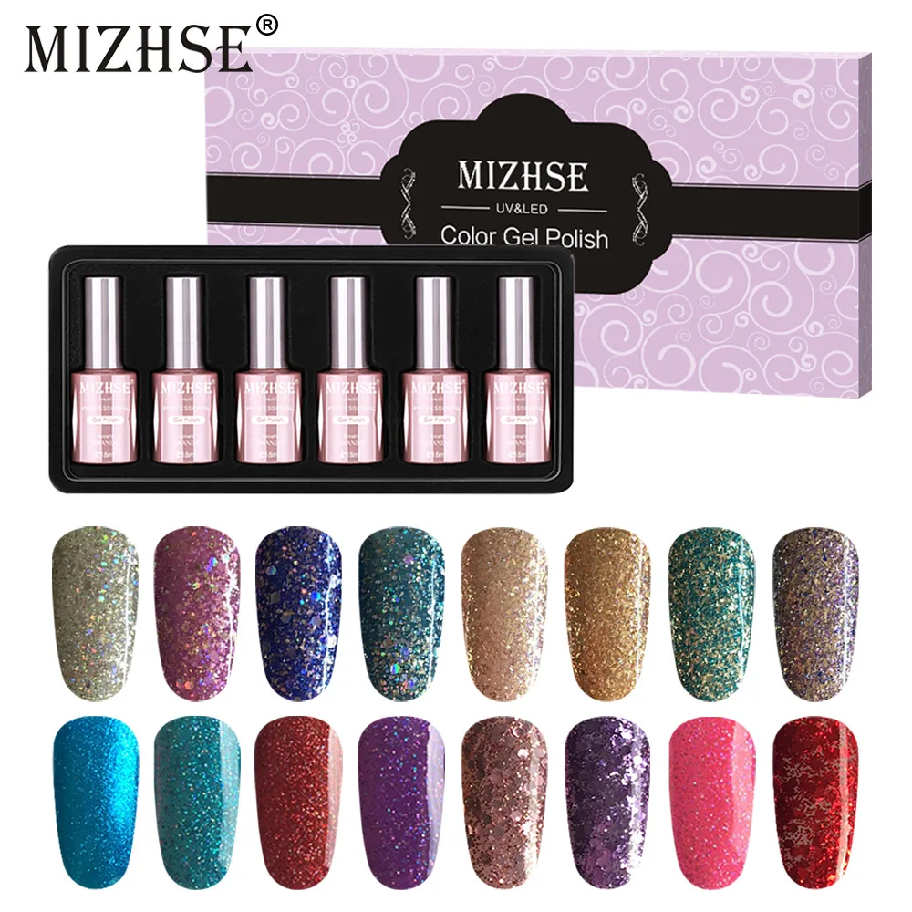 

MIZHSE Holographic Glitter Gel Nail Polish Set UV Gel Varnish Semi-permanent Long Lasting Enamel Gel Lacquer UV LED Manicure Set