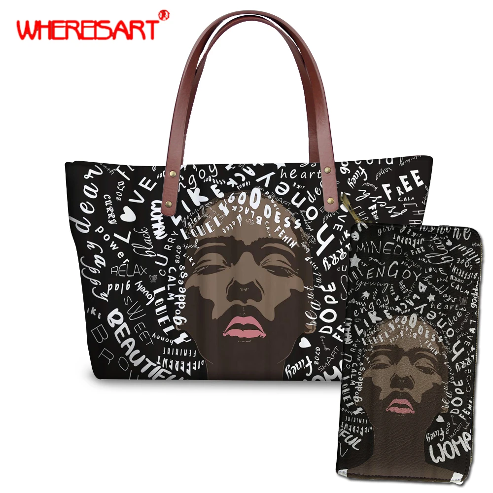 

WHEREISART Women Tote Bags African Black Queen Pattern Large Handbags for Female Luxury Shopping Bag Youth Girls Casual Bolsa