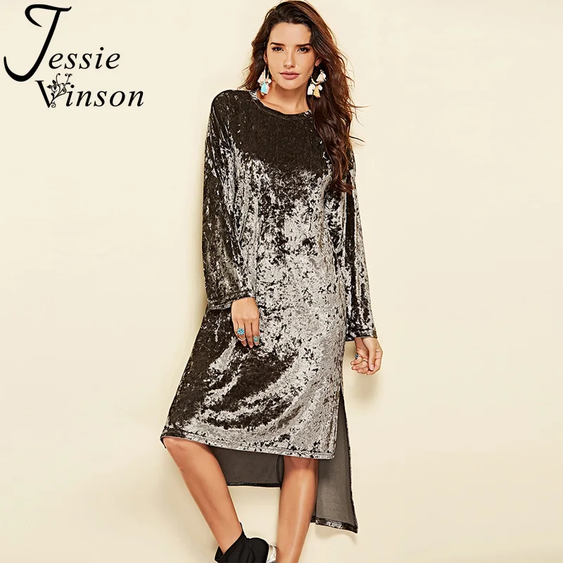Jessie Vinson/длинное велюровое платье с длинными рукавами и высоким низким подолом