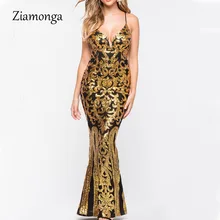 Ziamonga блёстки для женщин без рукавов Длинные элегантные платье Макси спинки Русалка Vestidos Вечеринка блестящие платья дл