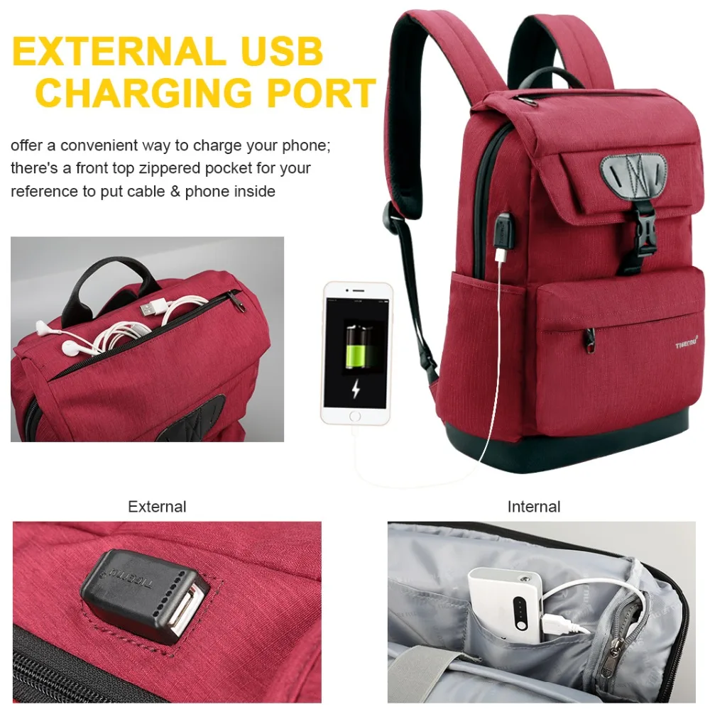 Tigernu de moda de la marca Slim mujeres de carga USB Mochila hombre 15,6 ordenador portátil Mochila escolar para los niños las niñas bolsa Mochila