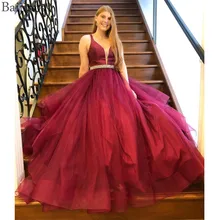 Baijinbai Выпускные платья Burgundy Тюль бальное платье с глубоким вырезом Иллюзия шеи нестандартные размеры Нарядное платье с серебряными бусинами поясом вечернее платье