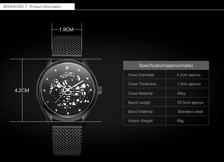 BOAMIGO Brand Mesh Steel Band Watches Mens Black Quartz Watch Fashion Skeleton Male Simple Wristwatch Auto Date Waterproof Clock (14)