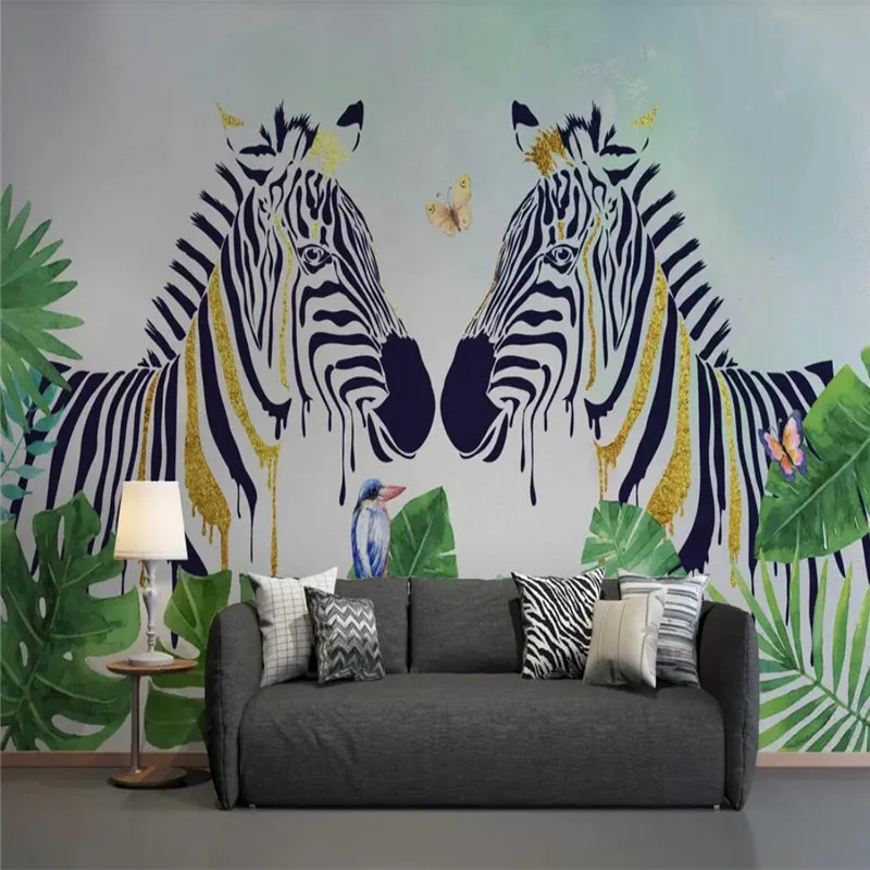 

Nordic hand-painted tropical plants zebra background wall professional production wallpaper murals custom photo wallpaper